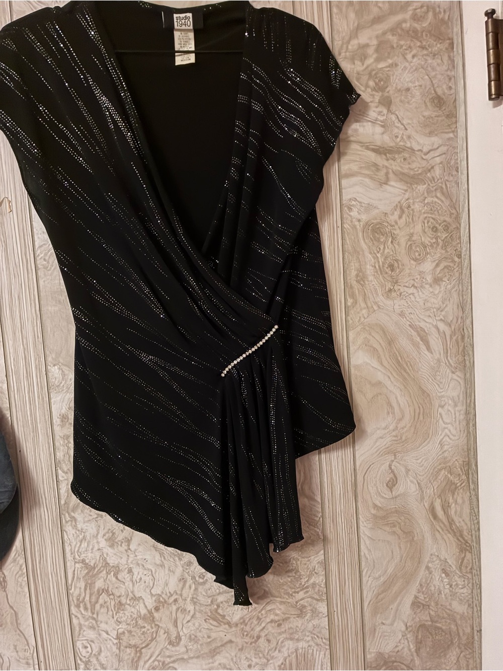 Studio 1940 Black Sparkle Drape Blouse with Rhinestone Detail